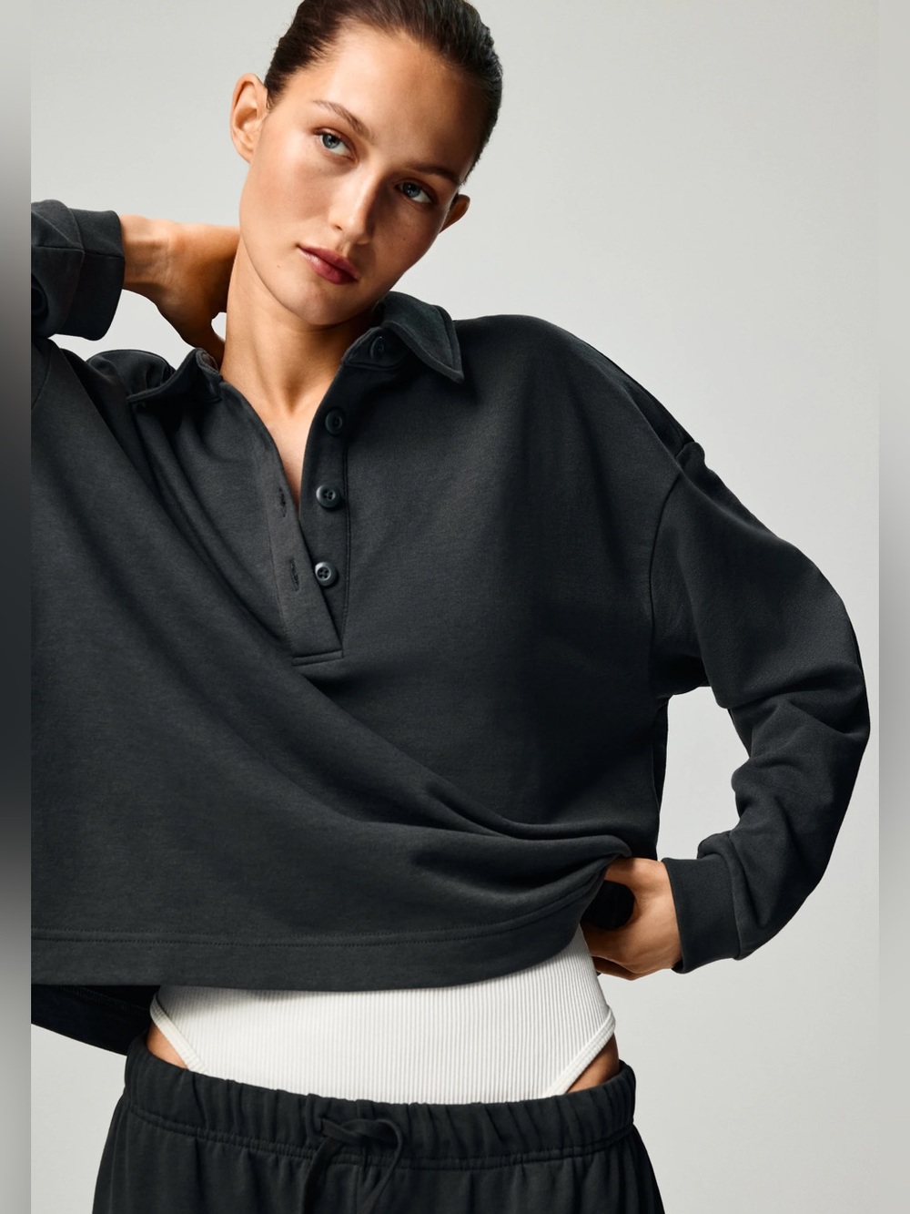 H&M Women's Long-Sleeve Polo Shirt - Charcoal Gray (Crop Boxy Fit)